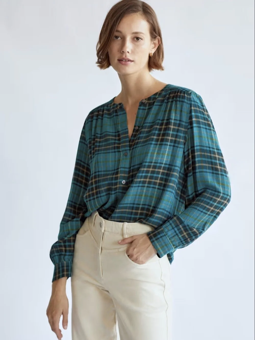 Wilfred Free Aritzia Teal Plaid Button Down Blouse Dark Academia Coquette Small - Picture 1 of 10